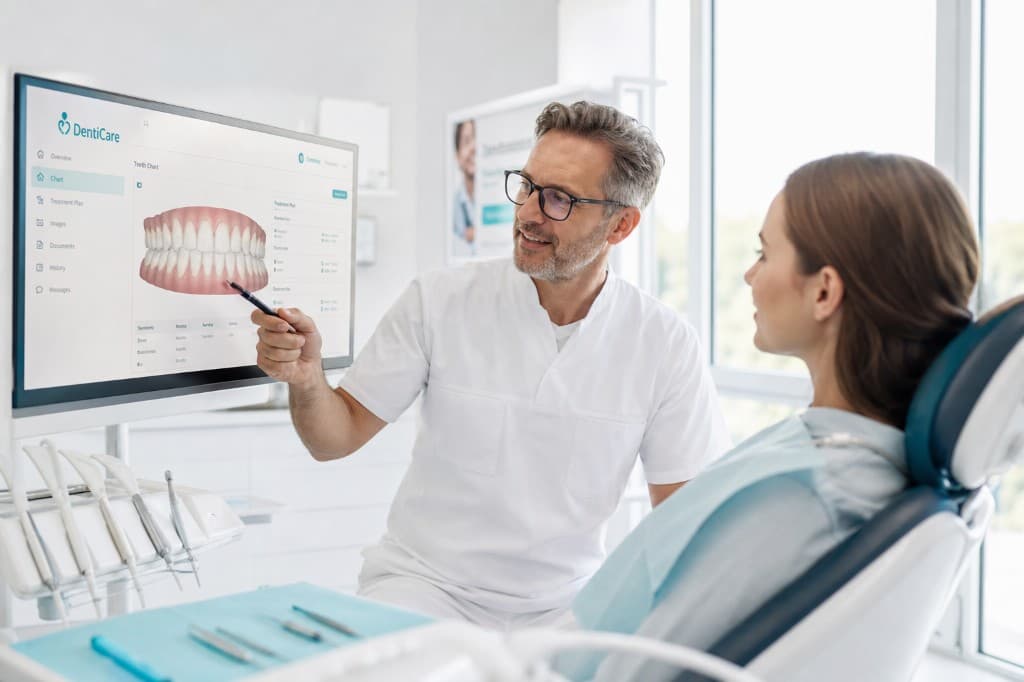 Dentist reviewing a digital dental chart with a patient